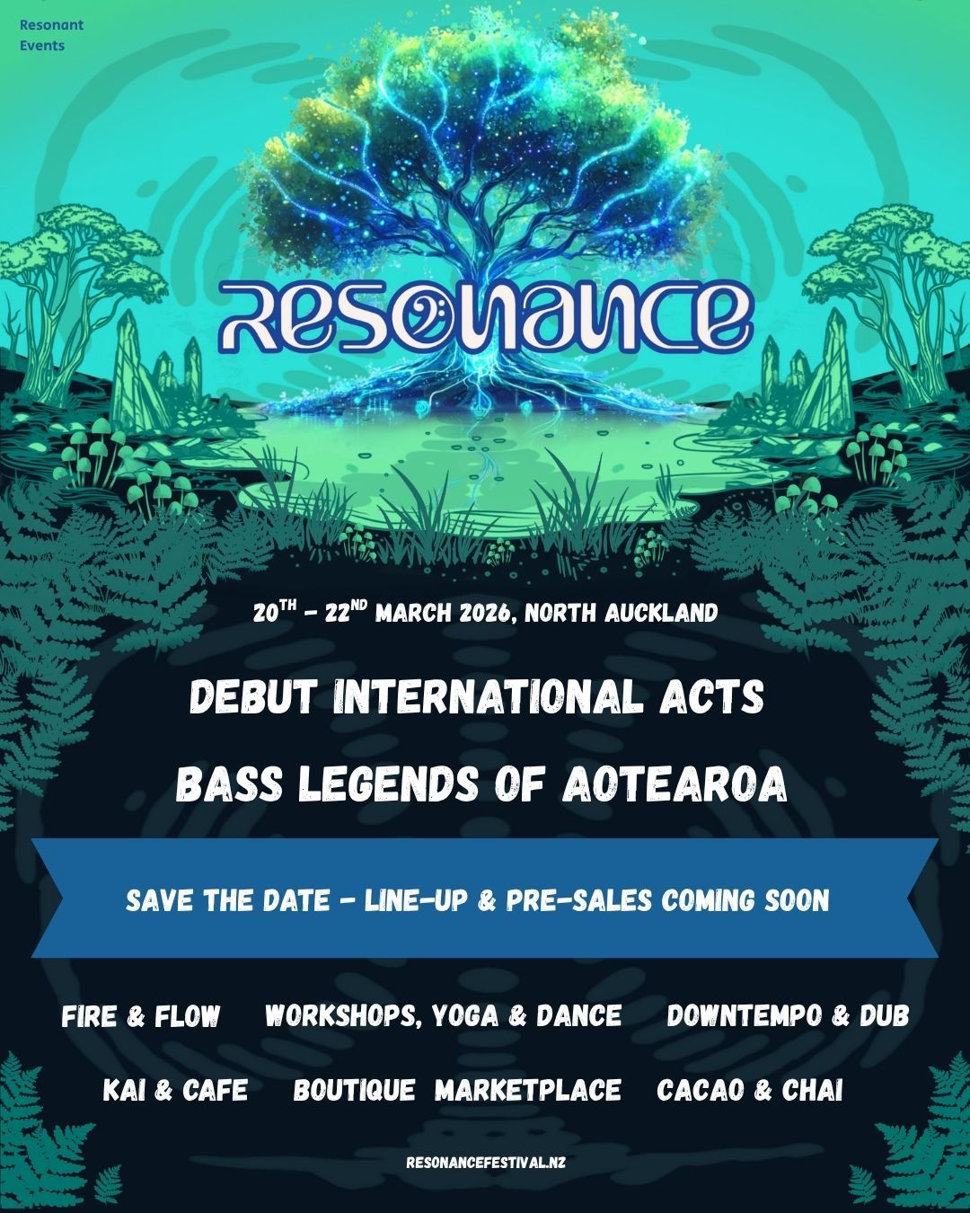 An event poster, with the same blue, teal and aqua theme and ferns